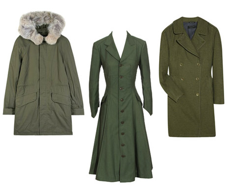 Askeri esintili haki palto modelleri Soldan sağa: Marc by Marc Jacobs kürklü yakalı haki palto 598$ Junya Watanabe vücuda oturan haki palto 1700$ Rag & Bone haki trençkot 690$